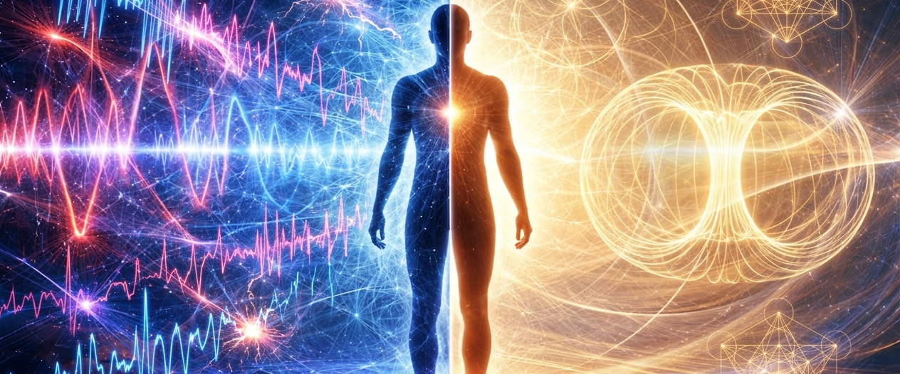A split-screen digital art piece showing a human silhouette between two energy states. The left side displays blue and purple jagged electromagnetic sine waves representing frequency oscillation. The right side shows a golden toroidal field and sacred geometry representing scalar coherence and a harmonized biofield