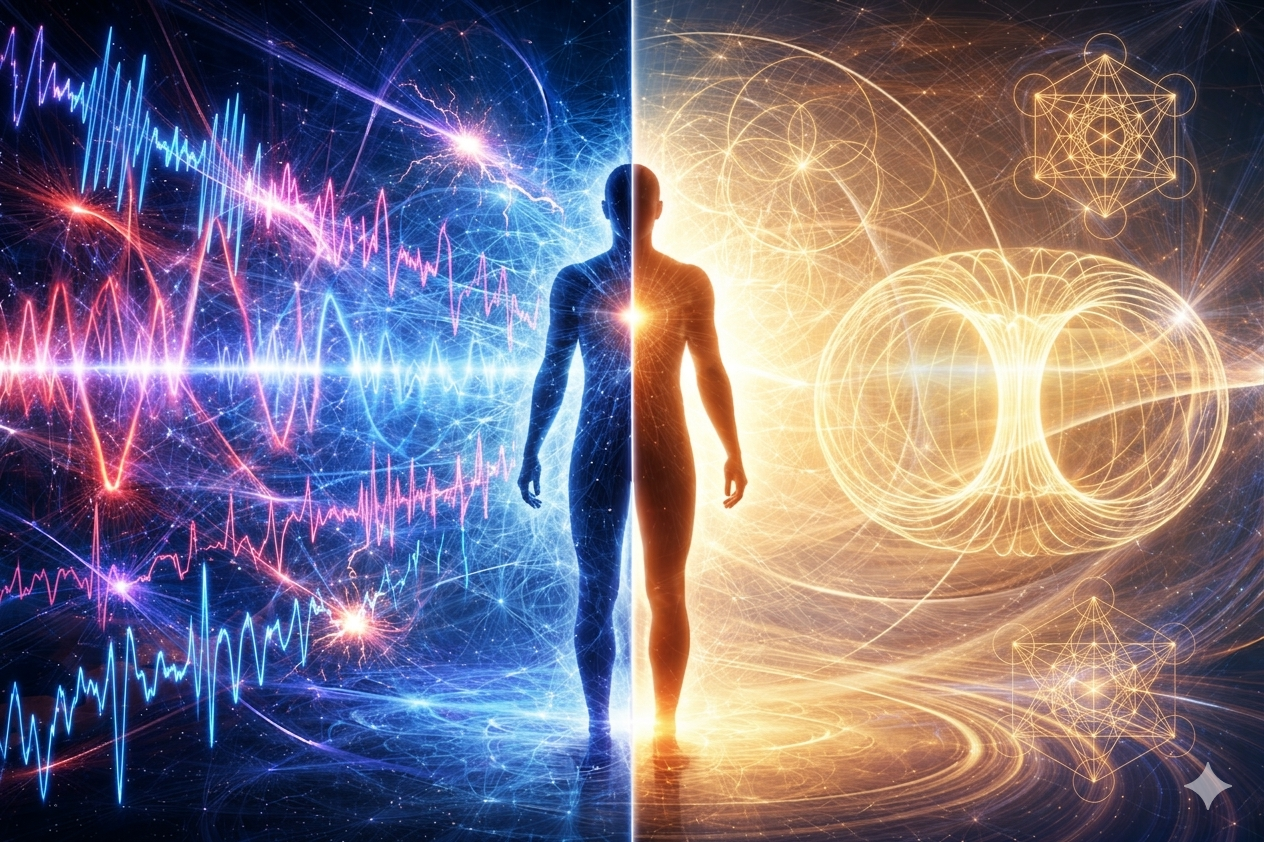 A split-screen digital art piece showing a human silhouette between two energy states. The left side displays blue and purple jagged electromagnetic sine waves representing frequency oscillation. The right side shows a golden toroidal field and sacred geometry representing scalar coherence and a harmonized biofield